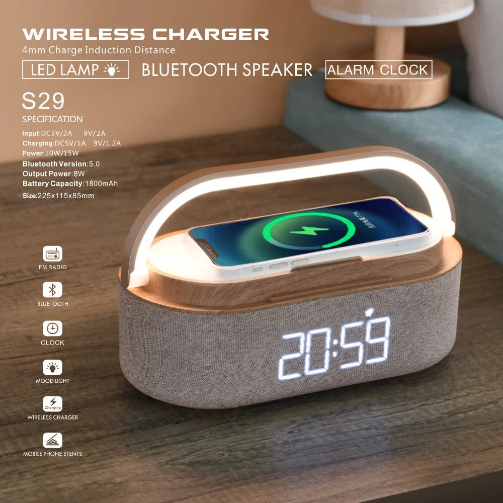 COSLUR S29 Bluetooth Speaker 2500Mah Battery Supports 15W Wireless Charging Digital Clock Display Night Light Alarm Clock